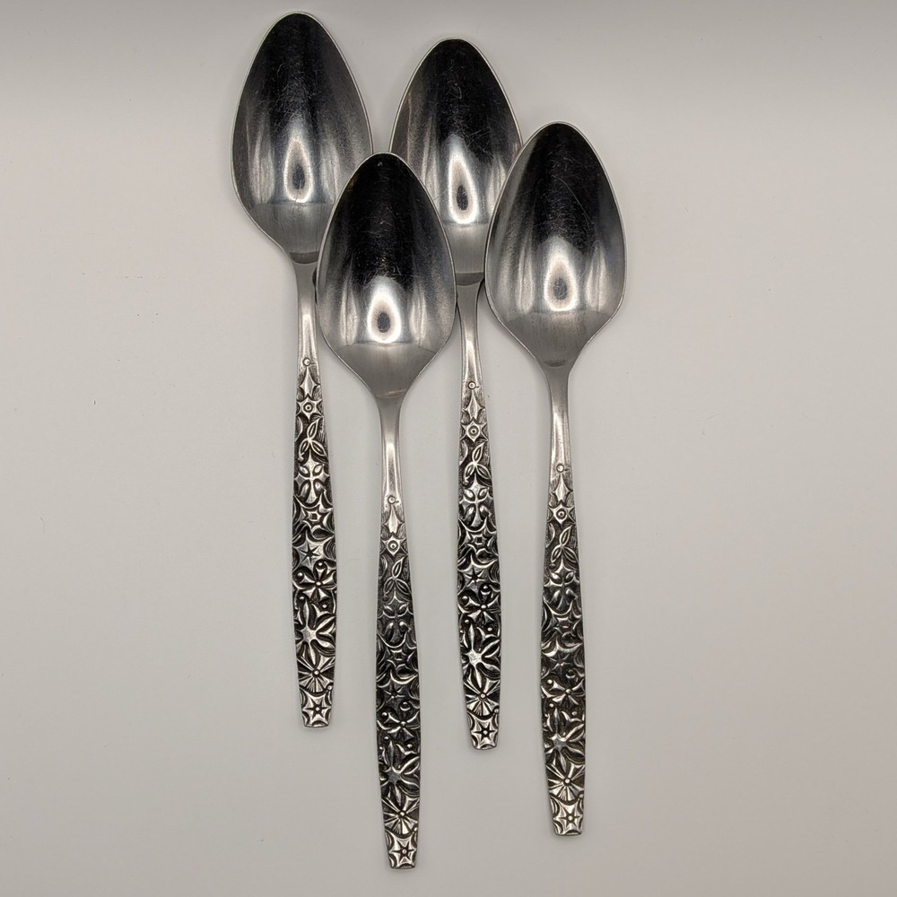 Ekco Eterna Kodiak Stainless Oval Soup Spoons 4 Vintage Starburst Korea 7 3/8"